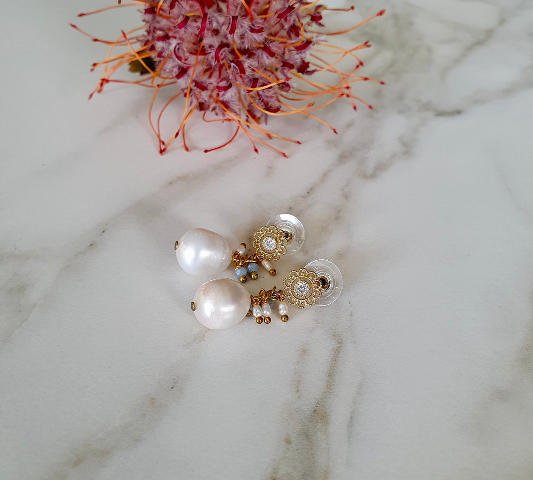 Flower Stud Baroque Pearl And Gemstone Earrings In Sterling Silver And Gold, June Birthstone Jewellery