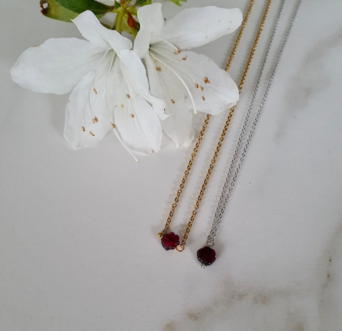 Tiny Garnet Flower Pendant Necklace, Symbolic And January Birthstone Jewellery