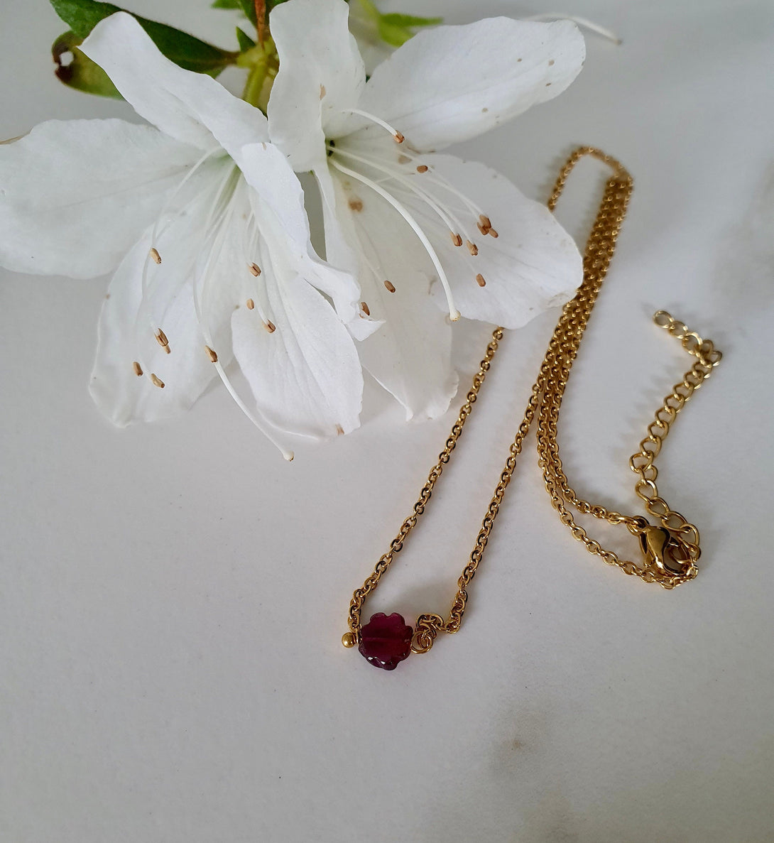 Tiny Garnet Flower Pendant Necklace, Symbolic And January Birthstone Jewellery