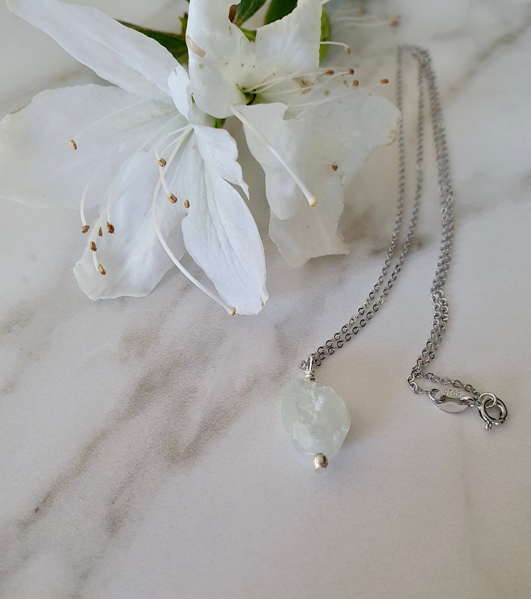 Raw Aquamarine Sterling Silver Gemstone Necklace, March Birthstone