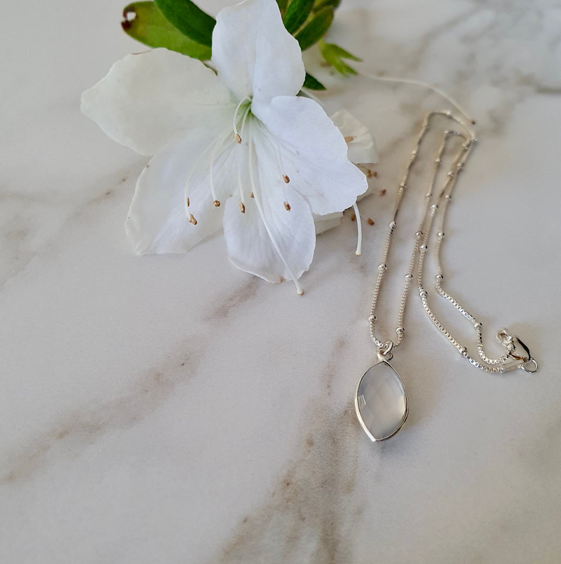 White Chalcedony Pendant On A Sterling Silver Bead Chain, April Birthstone, Healing Crystals