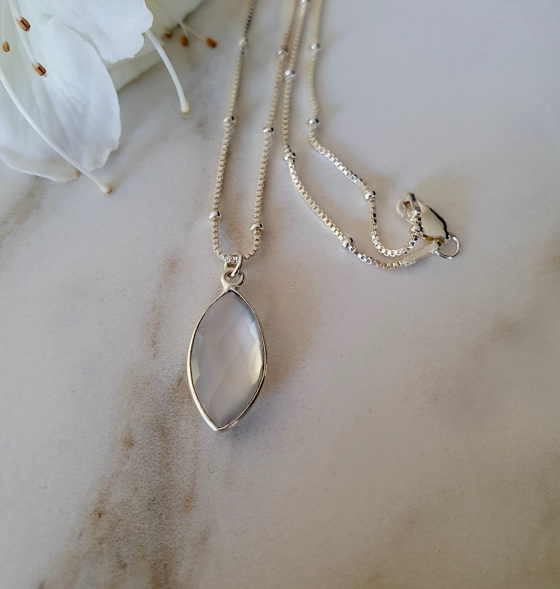 White Chalcedony Pendant On A Sterling Silver Bead Chain, April Birthstone, Healing Crystals