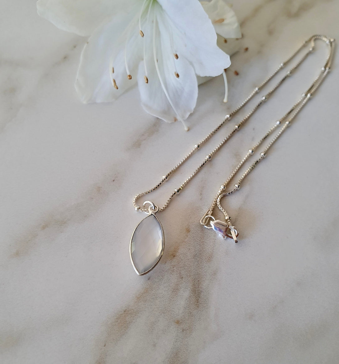 White Chalcedony Pendant On A Sterling Silver Bead Chain, April Birthstone, Healing Crystals