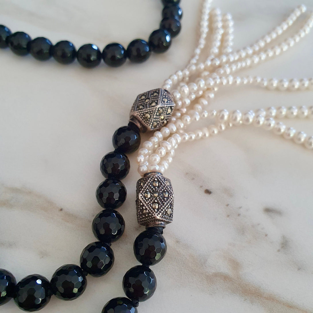 Vintage Pearl And Onyx Wrap Necklace, June Birthstone Jewellery