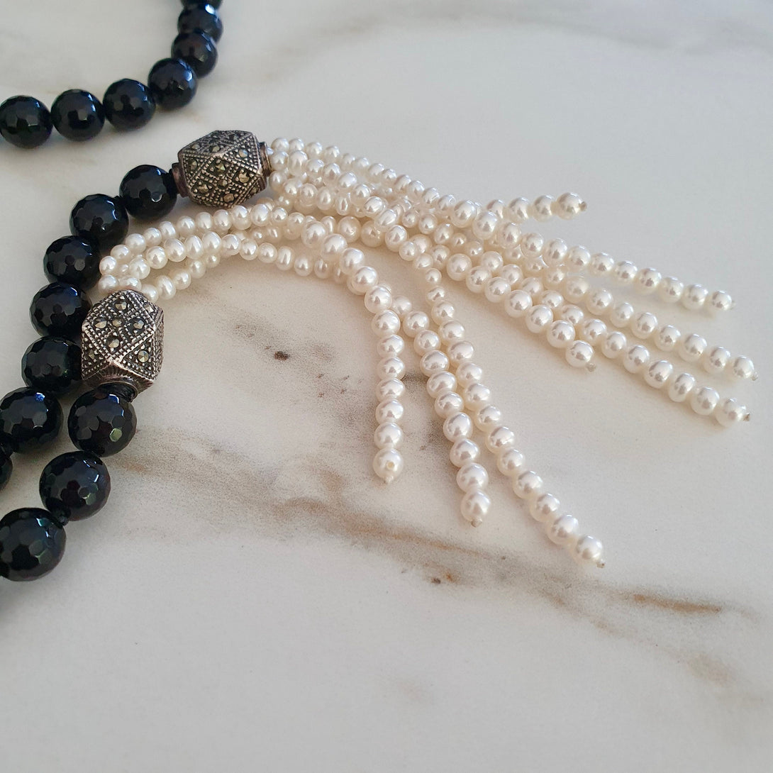 Vintage Pearl And Onyx Wrap Necklace, June Birthstone Jewellery