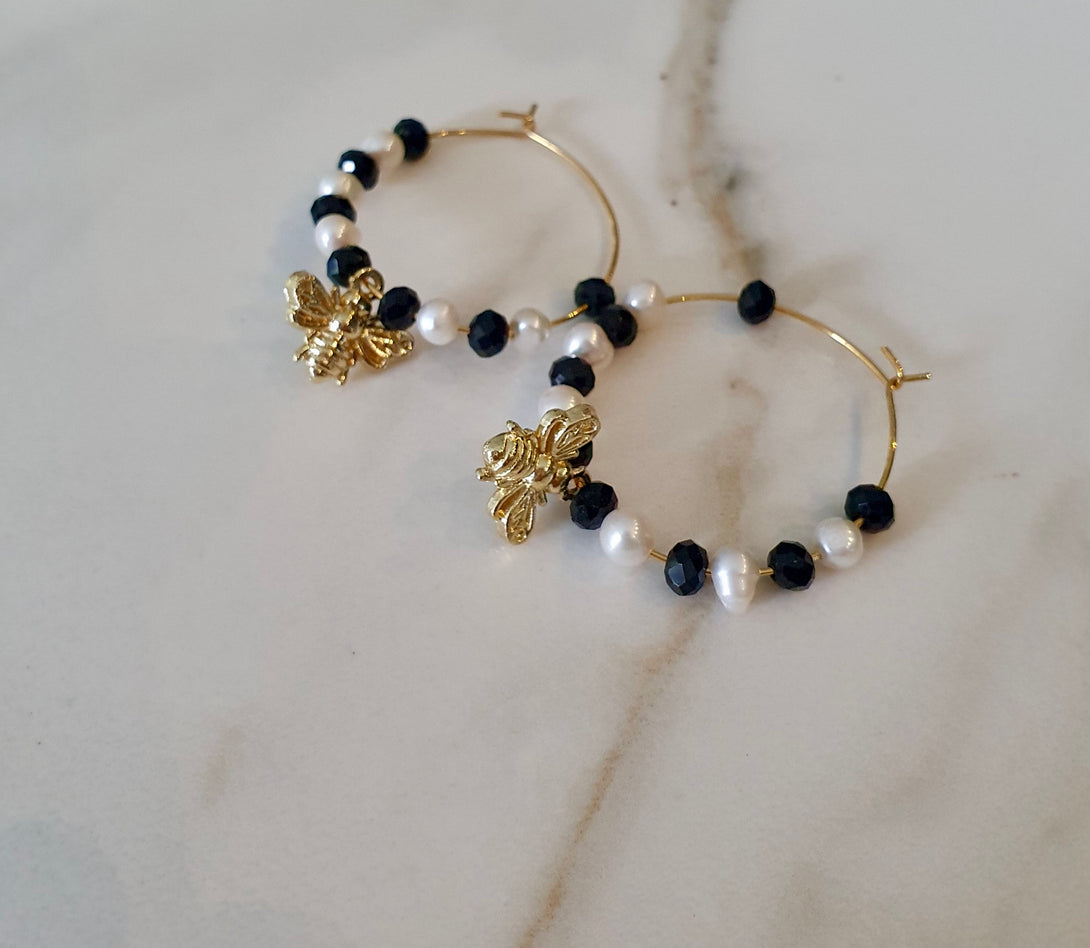 Onyx And Pearl Bee Hoop Earrings, June Birthstone Jewellery