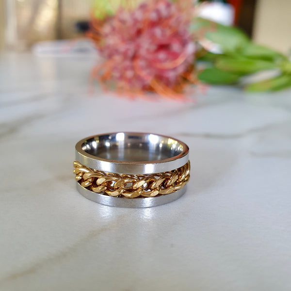 Titanium And Gold Chain Band Ring, Unisex Wide Band Ring, Spinner Ring