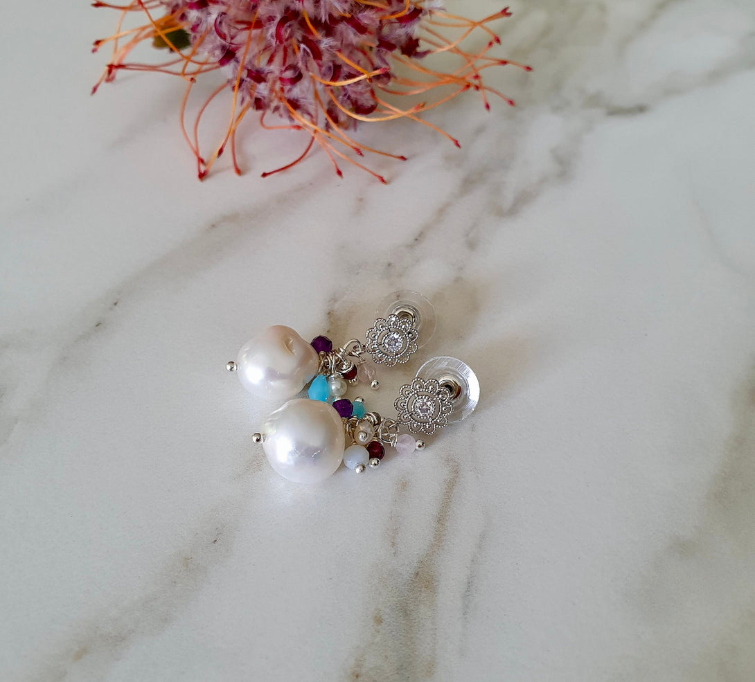 Flower Stud Baroque Pearl And Gemstone Earrings In Sterling Silver And Gold, June Birthstone Jewellery