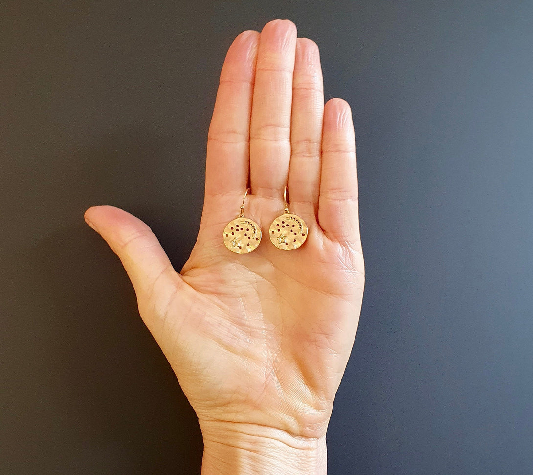 Crescent Moon And Star Coin Drop Earrings In Silver Or Gold, Lightweight Hypoallergenic Jewellery