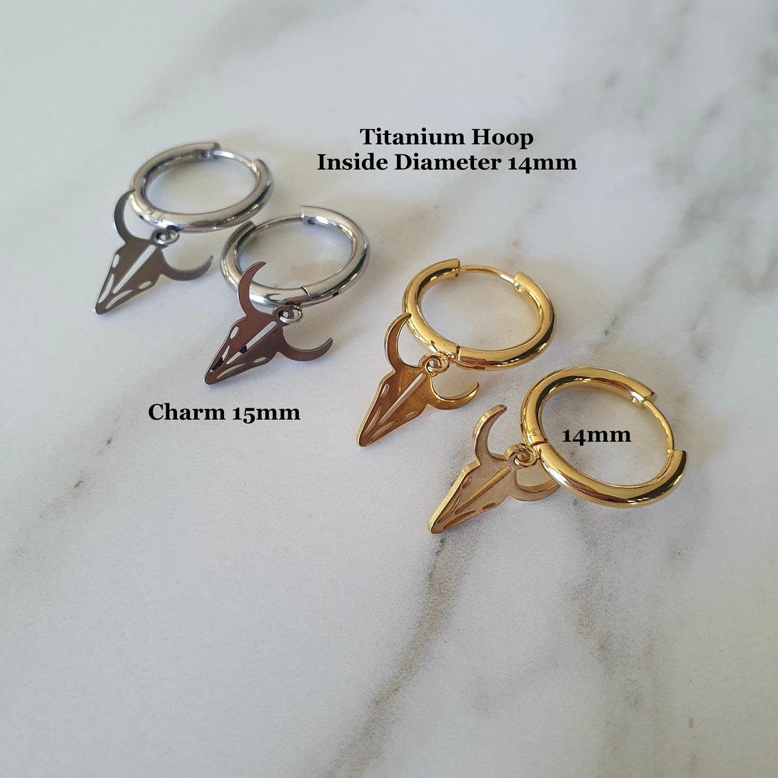 Titanium Steel Hipster Bull Horn Pendant Hoop Earrings In Silver Or Gold