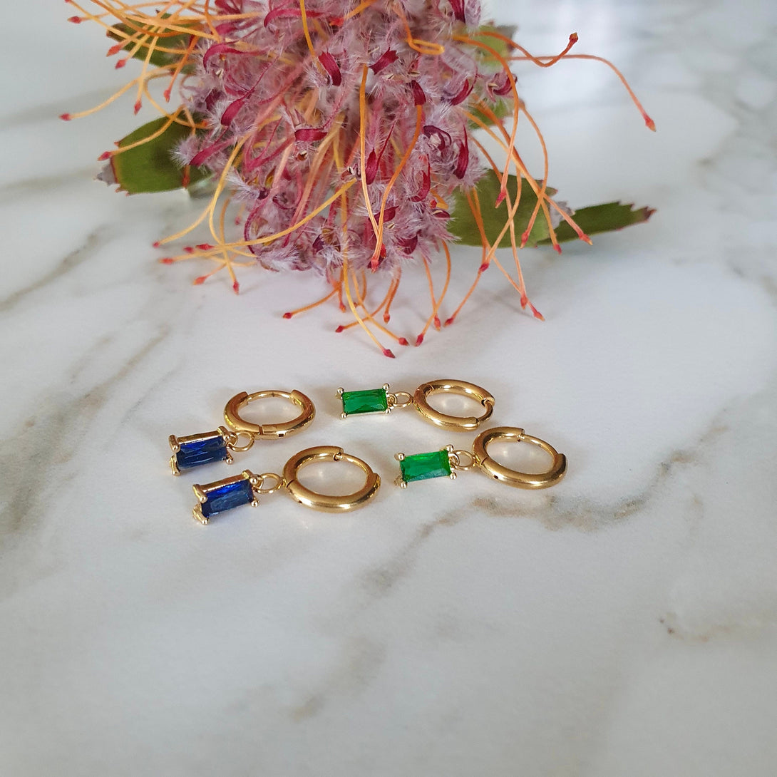 Gold Titanium Hoop Earrings With Emerald Green Or Sapphire Blue Crystal Charm