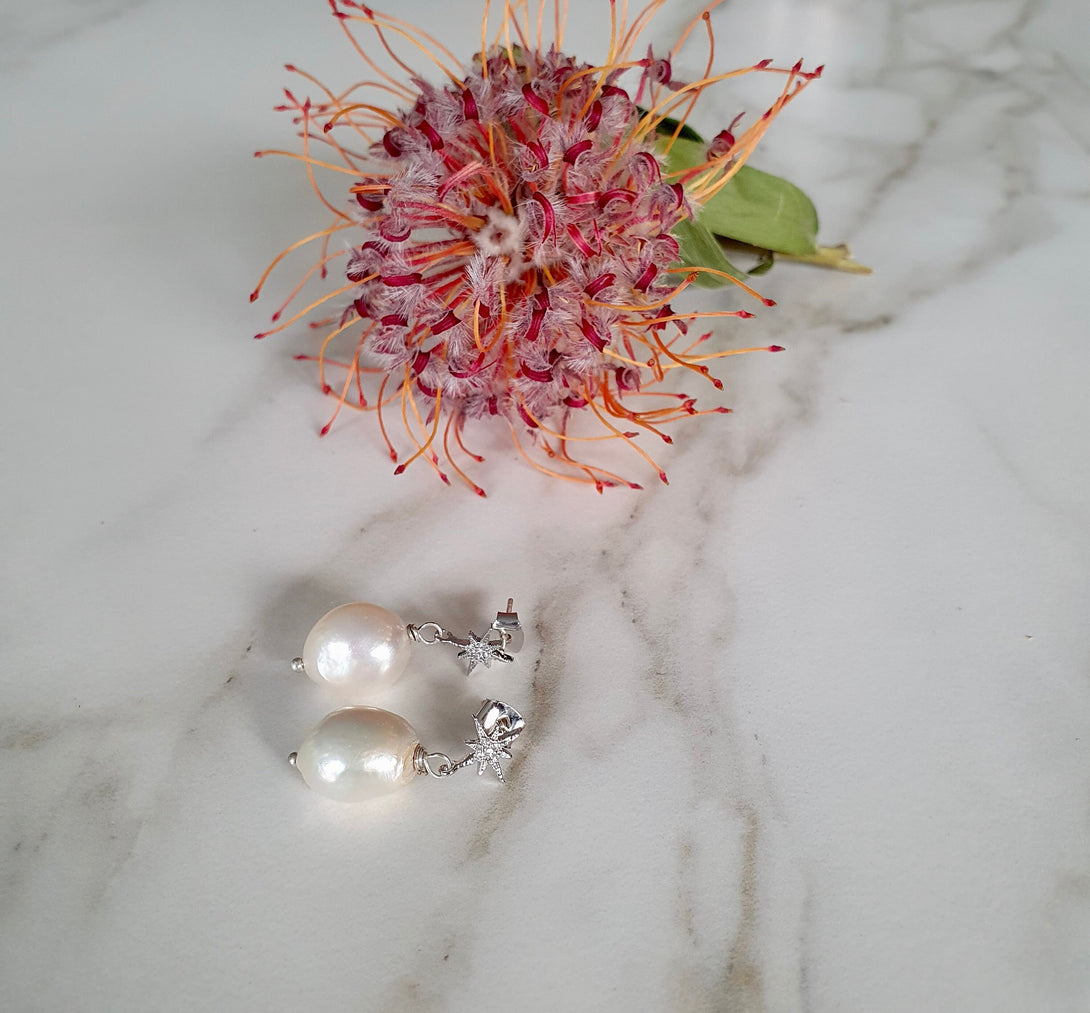 Sterling Silver North Star And Baroque Pearl Stud Earrings, Inspirational June Birthstone Jewellery