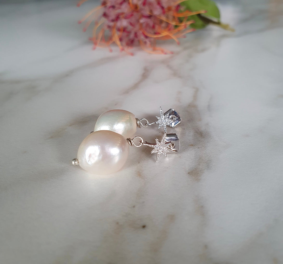 Sterling Silver North Star And Baroque Pearl Stud Earrings, Inspirational June Birthstone Jewellery