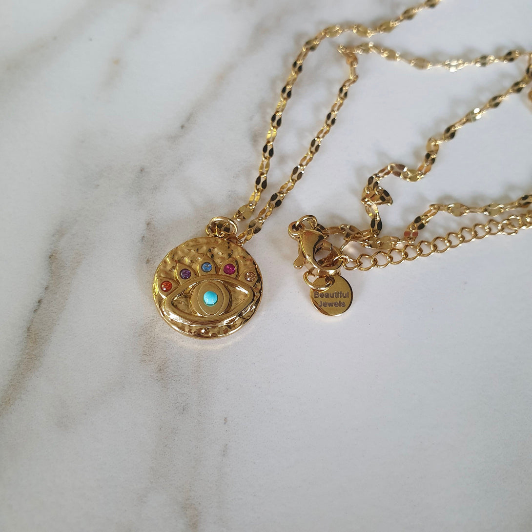 Gold, Evil Eye Necklace With Turquoise And Coloured Stone Details, Protective, December Birthstone Jewellery