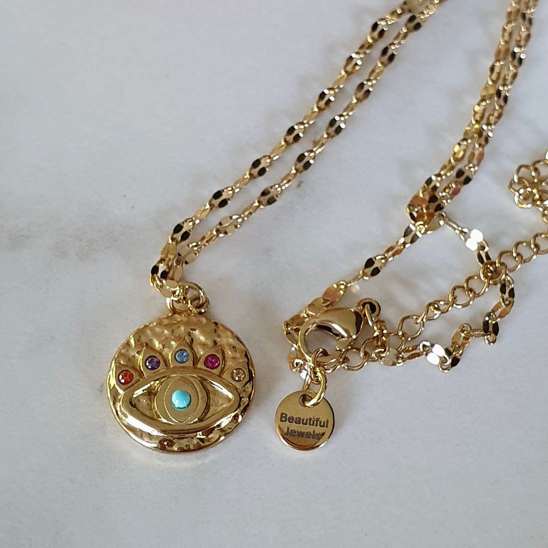 Gold, Evil Eye Necklace With Turquoise And Coloured Stone Details, Protective, December Birthstone Jewellery