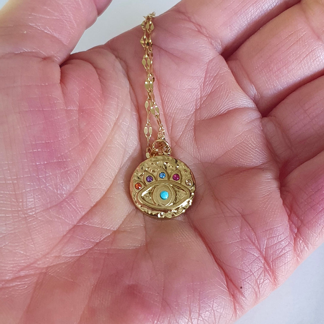 Gold, Evil Eye Necklace With Turquoise And Coloured Stone Details, Protective, December Birthstone Jewellery