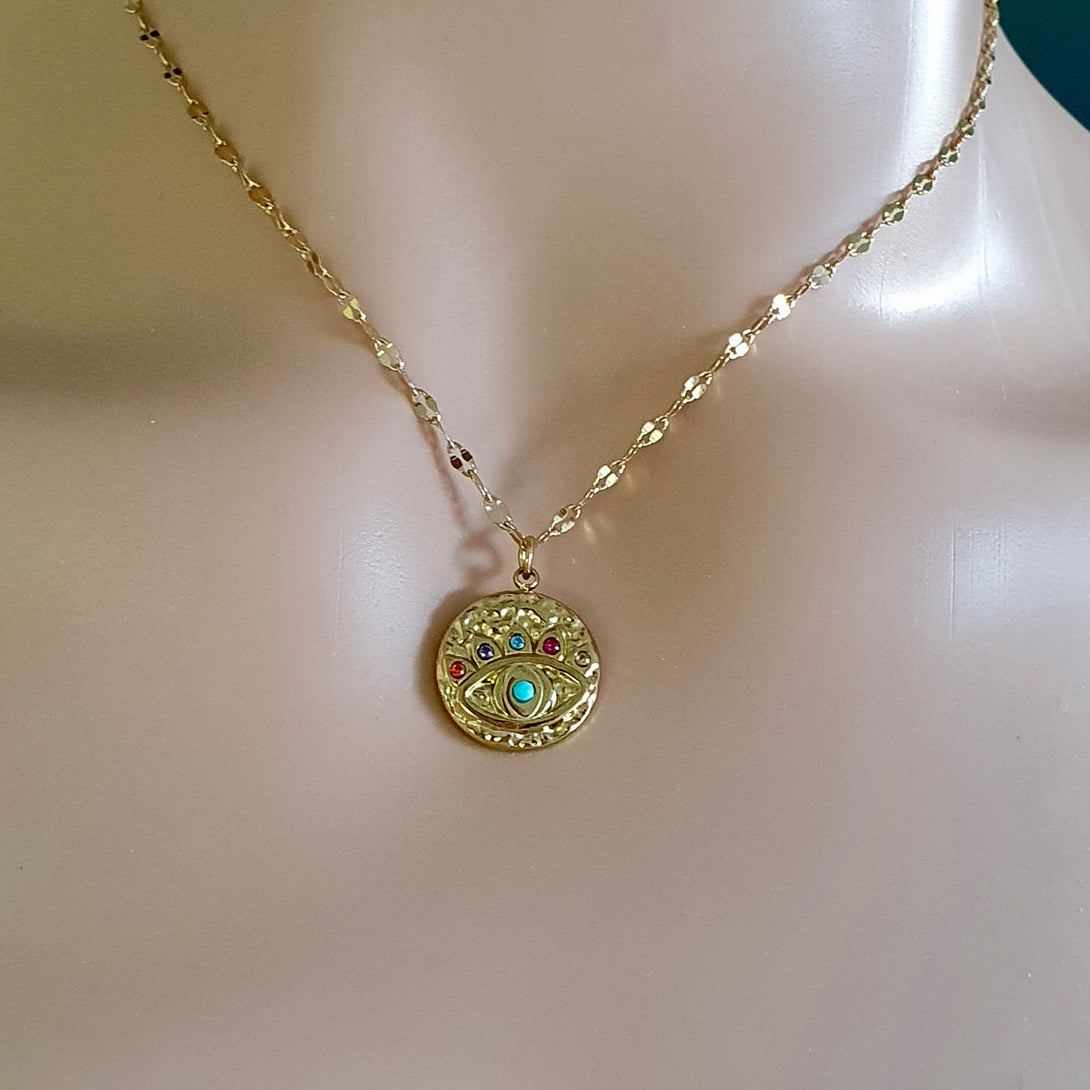 Gold, Evil Eye Necklace With Turquoise And Coloured Stone Details, Protective, December Birthstone Jewellery