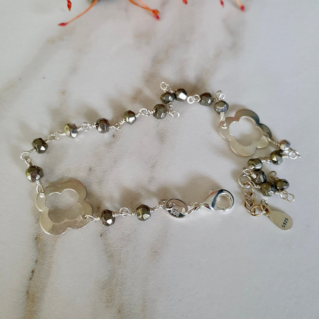 Pyrite Bead And Clover Charm Bracelet, Symbolic, Protective Jewellery