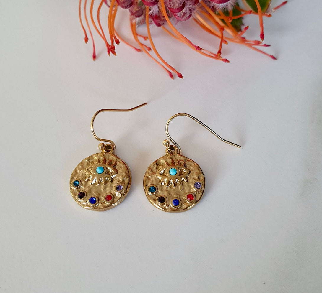 Gold Evil Eye Drop Earrings With Colour Crystals, Protective Jewellery