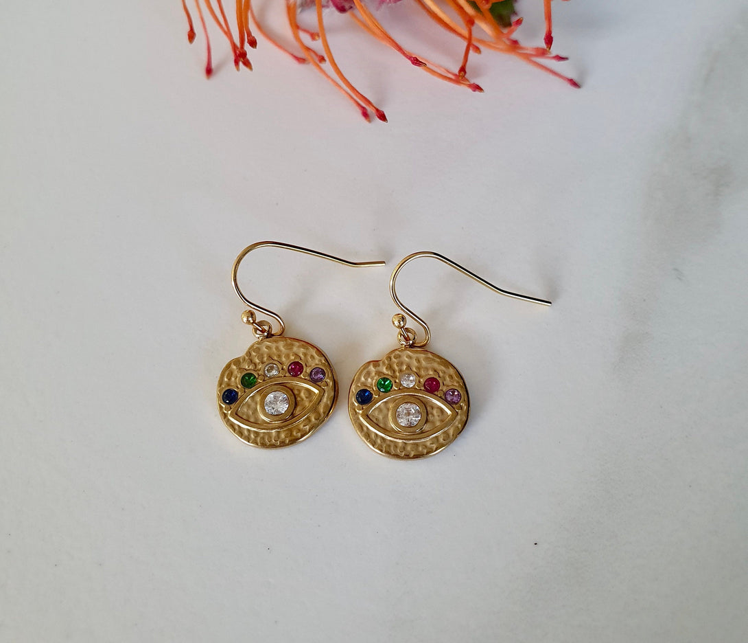 Gold Evil Eye Drop Earrings With Colour Crystals, Protective Jewellery