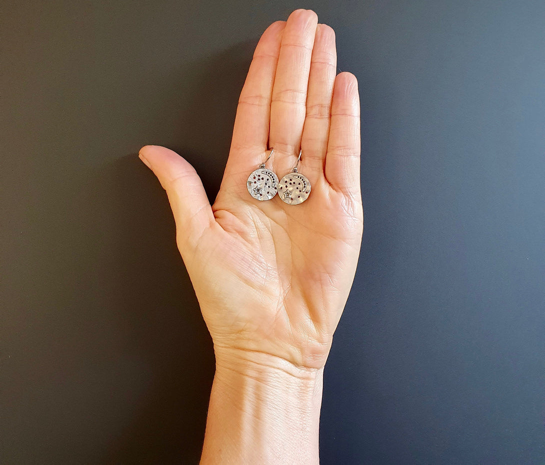 Crescent Moon And Star Coin Drop Earrings In Silver Or Gold, Lightweight Hypoallergenic Jewellery