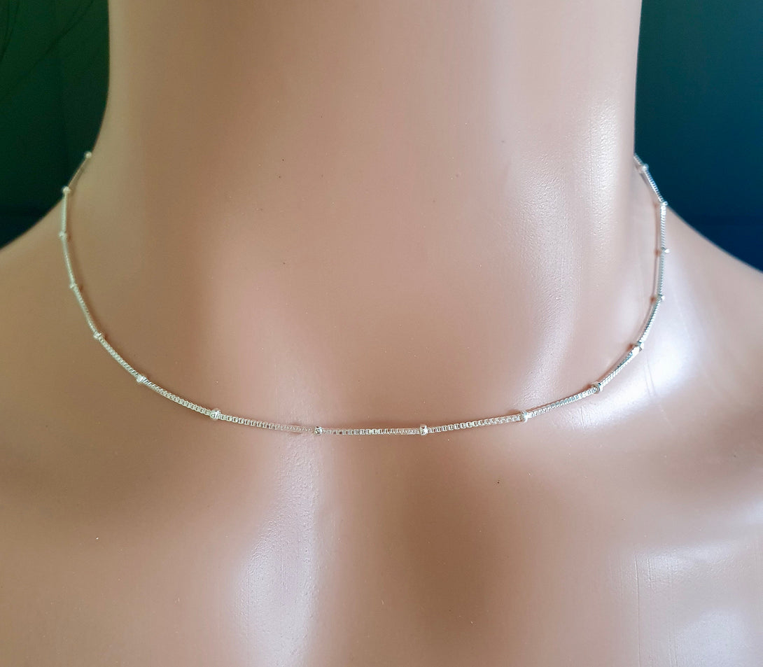 Sparkly Sterling Silver Bead Box Chain Necklace, Layering Jewellery, Pendant Chain