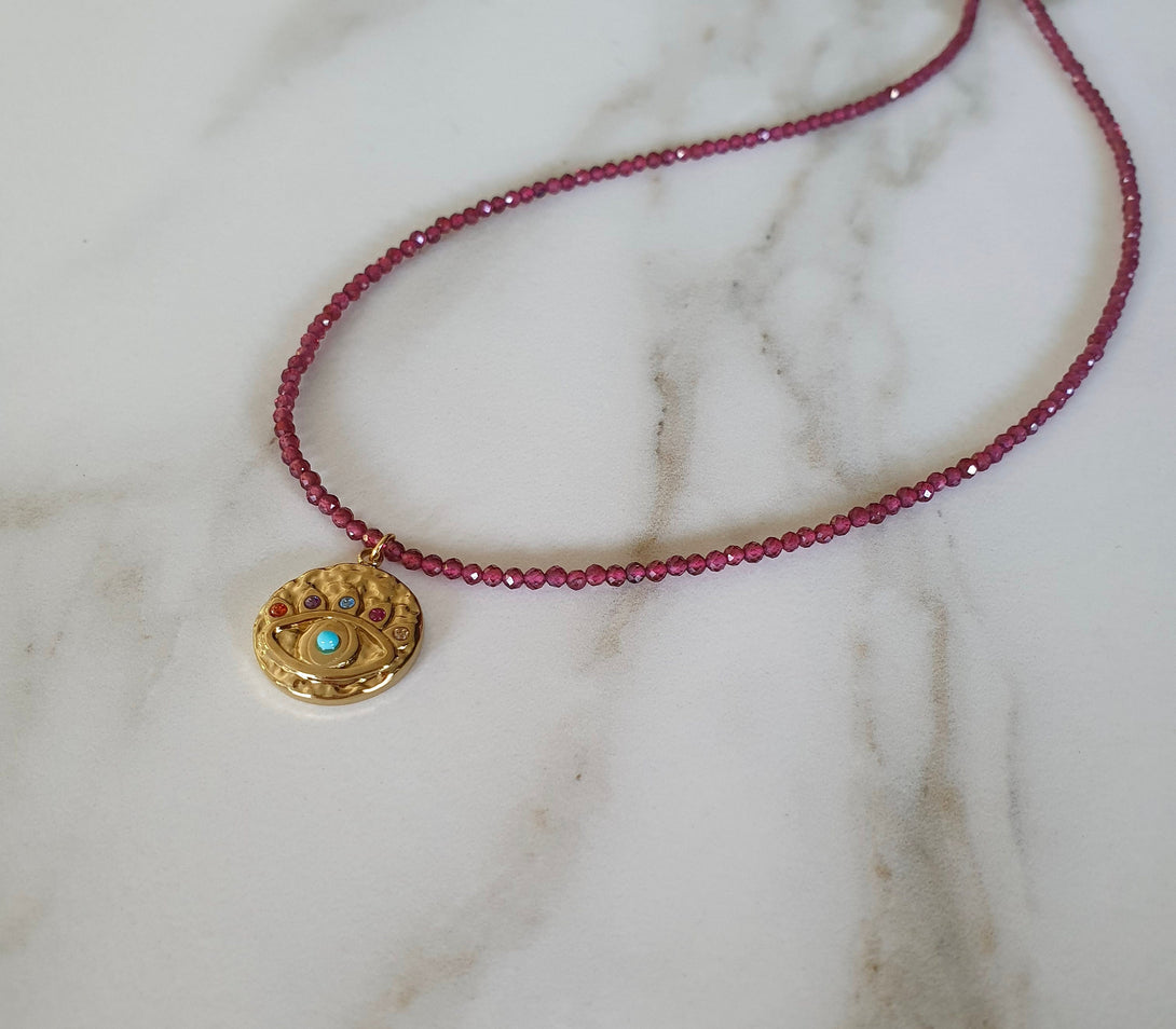 Dainty Garnet Bead Necklace With Evil Eye Pendant, Protective, January Birthstone Jewellery, Friendship Gifts