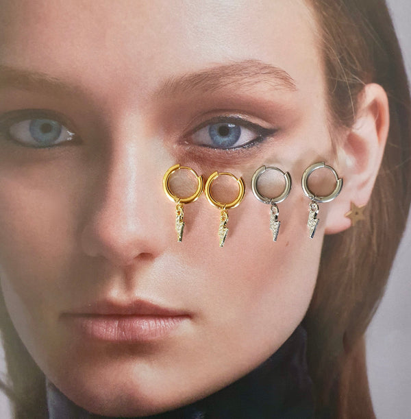 Titanium Lightning Bolt Hoop Earrings In Silver Or Gold, Symbolic Jewellery