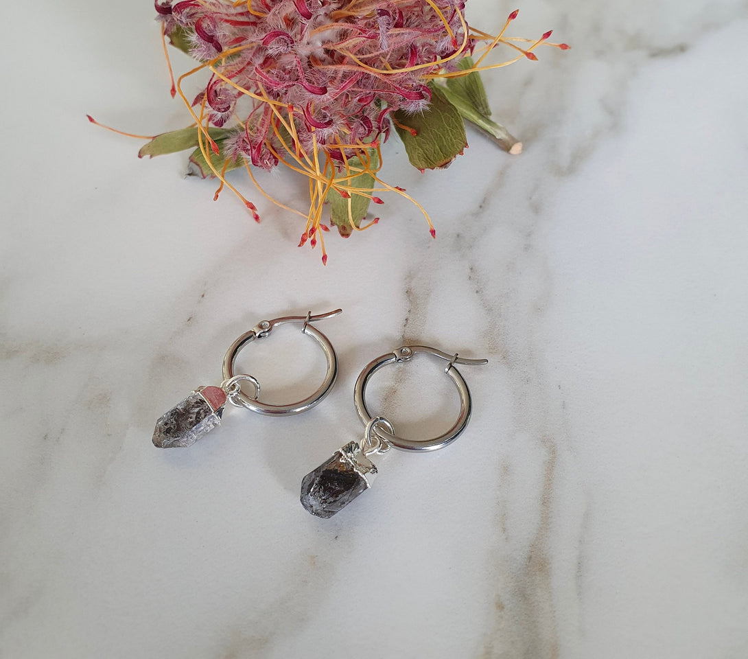 Titanium Herkimer Diamond Creole Hoop Earrings, Healing April Birthstone Jewellery, Raw Stone