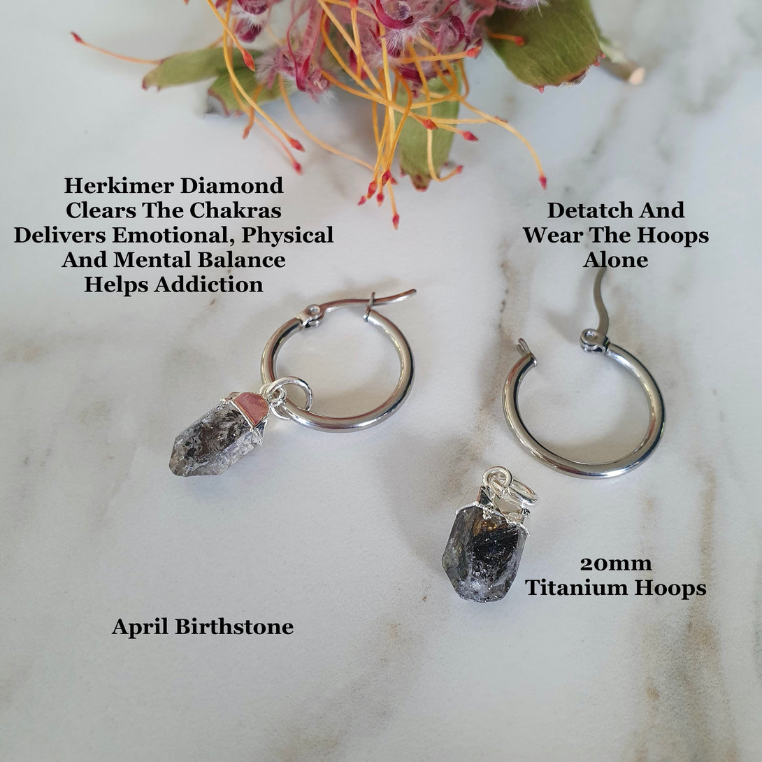 Titanium Herkimer Diamond Creole Hoop Earrings, Healing April Birthstone Jewellery, Raw Stone