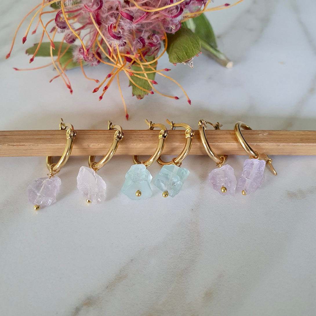 Raw Stone Titanium Creole Hoop Earrings, Amethyst, Rose Quartz, Aquamarine, February, March, October Birthstone Jewellery