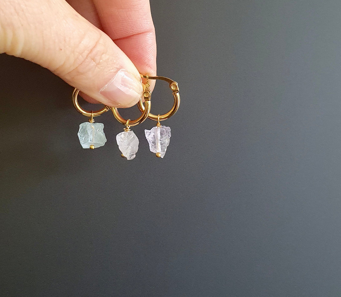 Raw Stone Titanium Creole Hoop Earrings, Amethyst, Rose Quartz, Aquamarine, February, March, October Birthstone Jewellery