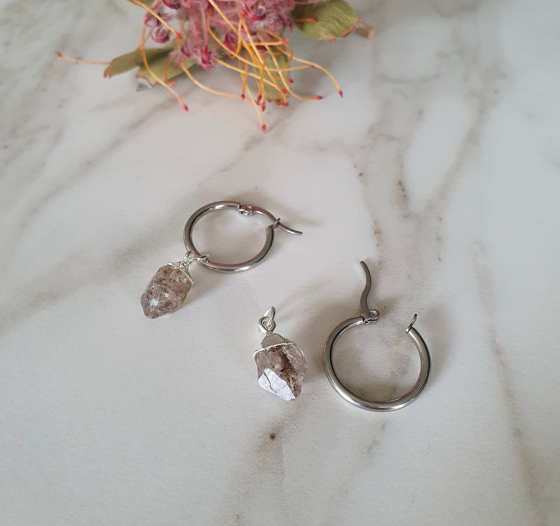 Titanium Herkimer Diamond Creole Hoop Earrings, Healing April Birthstone Jewellery, Raw Stone