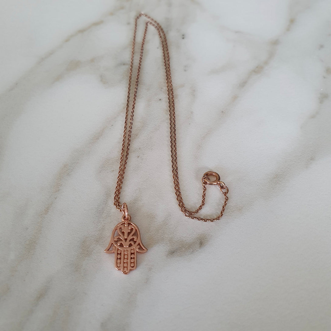 Rose Gold Hamsa And Cross Necklace, Symbolic, Protective Jewellery