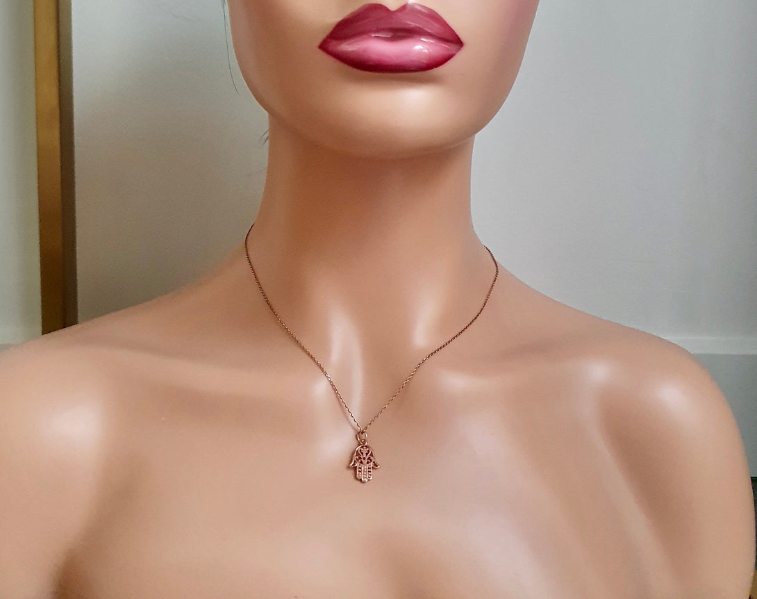 Rose Gold Hamsa And Cross Necklace, Symbolic, Protective Jewellery