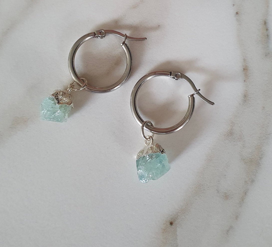 Titanium And Raw Aquamarine Creole Hoop Earrings, March Birthstone Jewellery