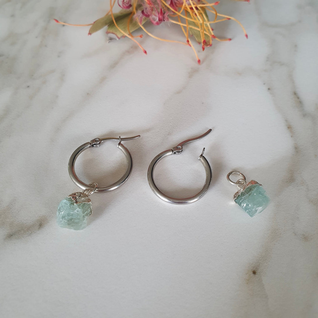 Titanium And Raw Aquamarine Creole Hoop Earrings, March Birthstone Jewellery