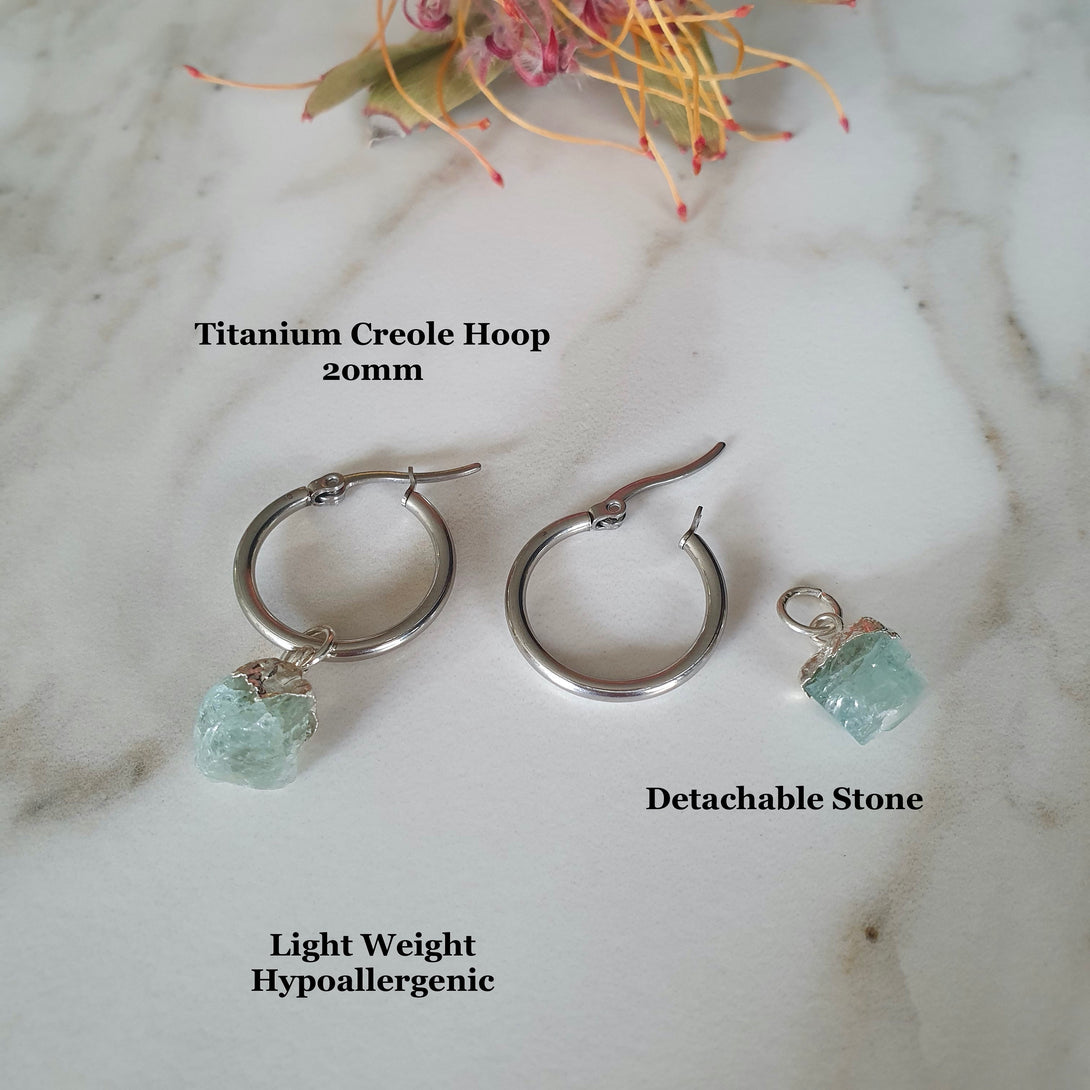 Titanium And Raw Aquamarine Creole Hoop Earrings, March Birthstone Jewellery