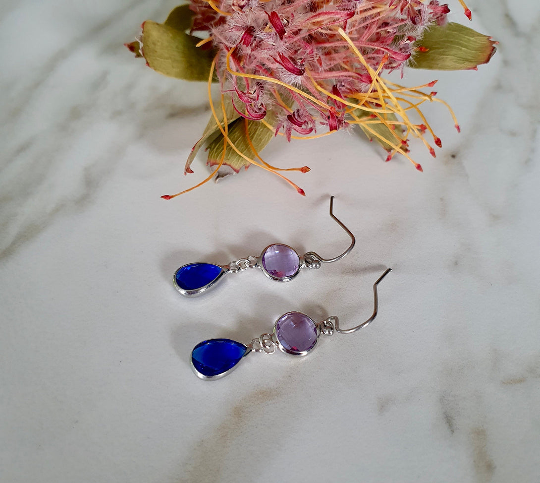 Purple And Indigo Blue Austrian Crystal Drop Earrings