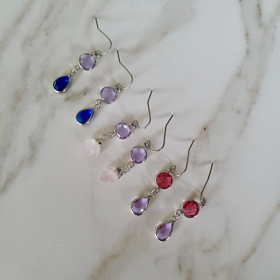 Pink And Purple Austrian Crystal Drop Earrings, Light Weight, Hypoallergenic