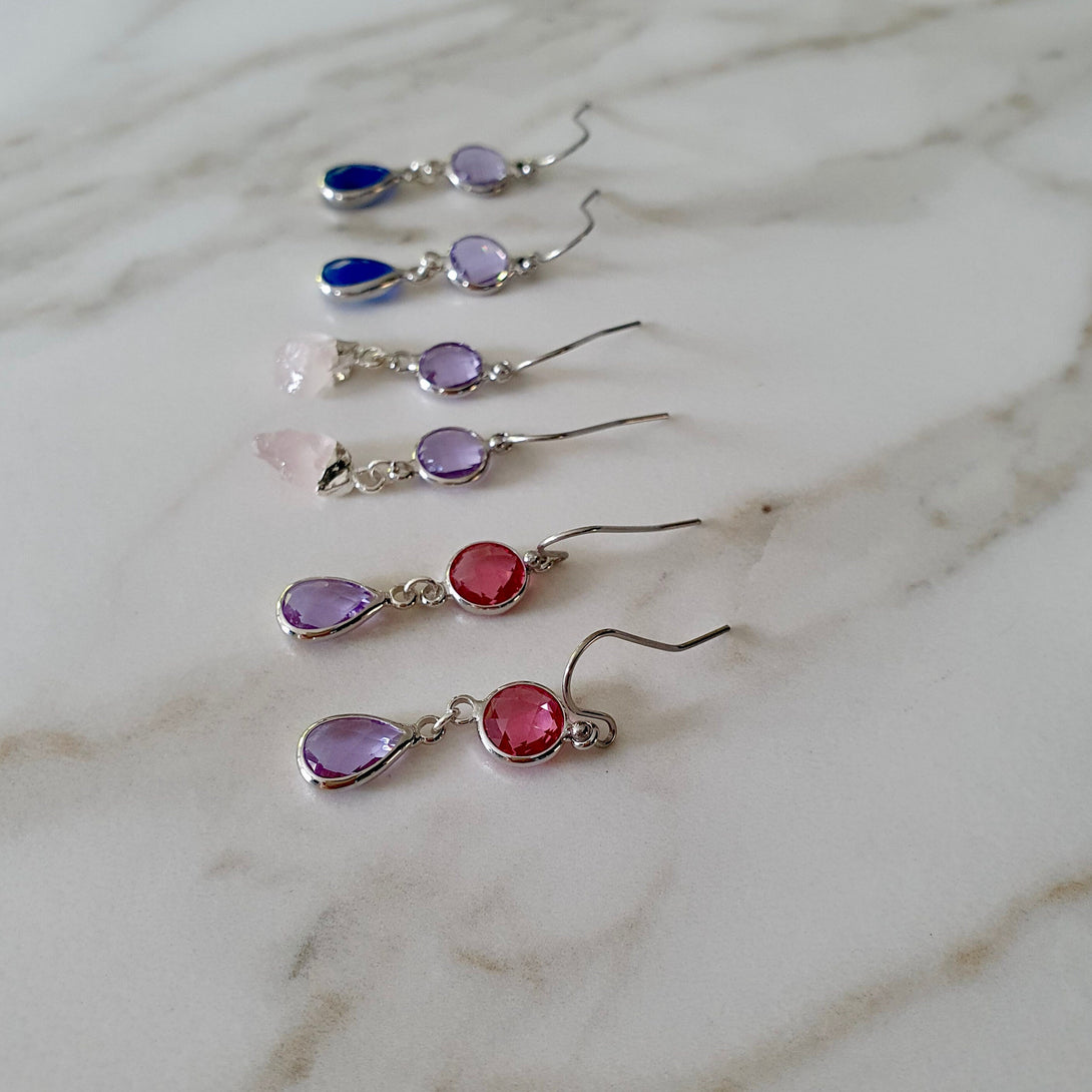 Pink And Purple Austrian Crystal Drop Earrings, Light Weight, Hypoallergenic