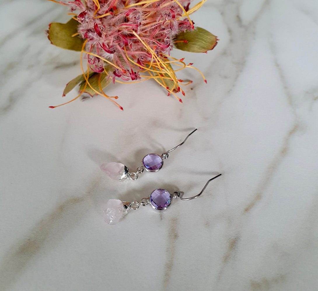 Crystal And Raw Rose Quartz Nugget Drop Earrings, January Birthstone Jewellery