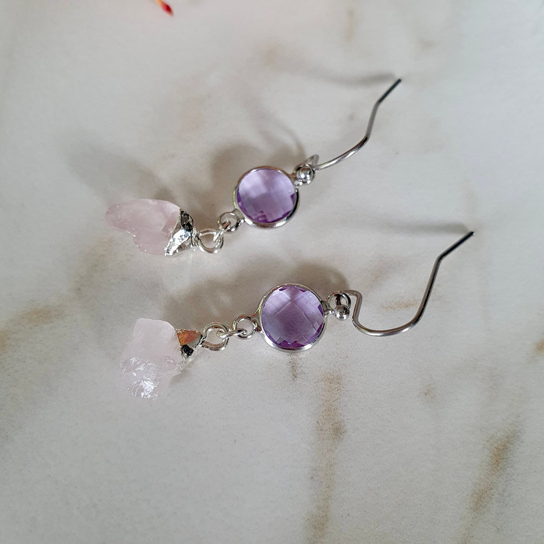 Crystal And Raw Rose Quartz Nugget Drop Earrings, January Birthstone Jewellery