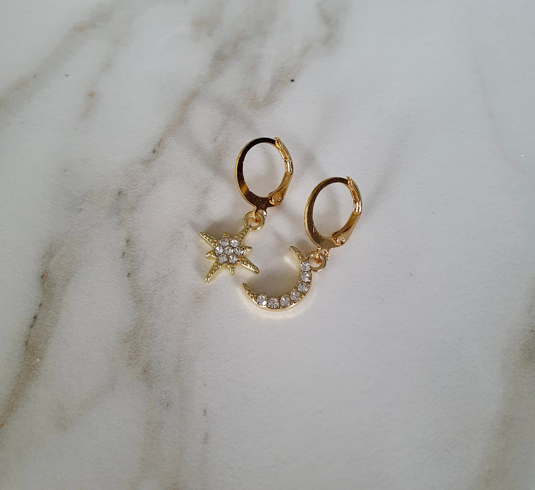 CZ Mismatched Moon And Star Earrings