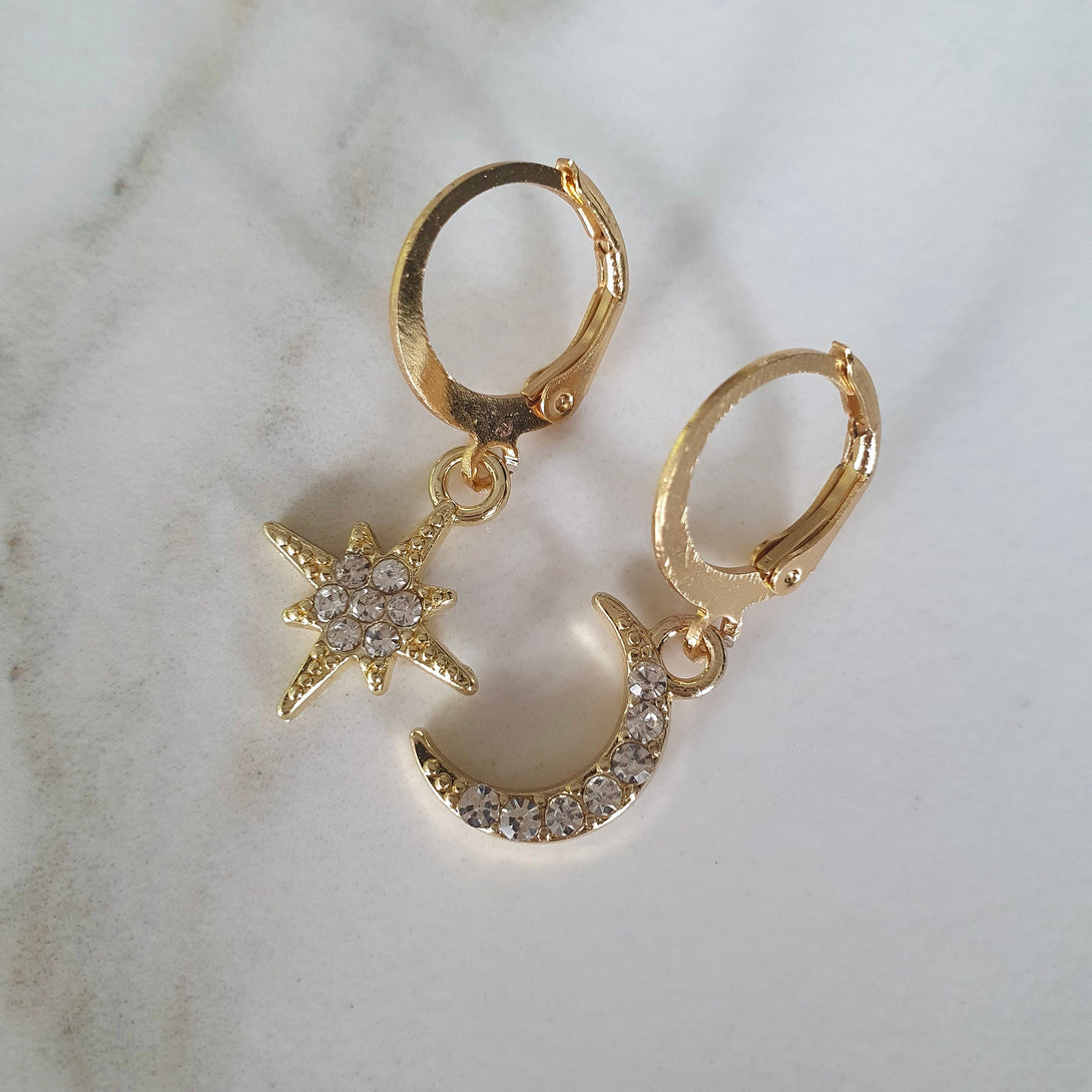 CZ Mismatched Moon And Star Earrings