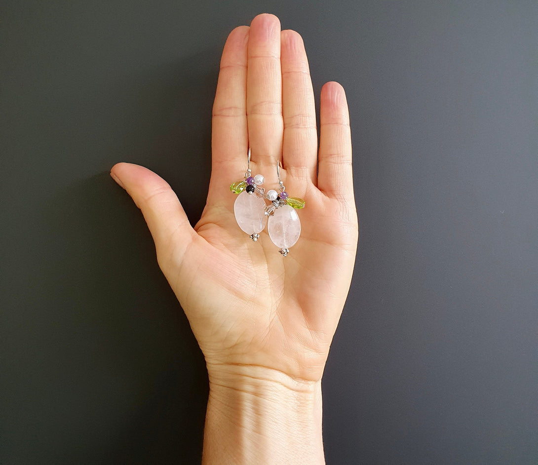 Sterling Silver Rose Quartz Cluster Earrings, Healing January Birthstone