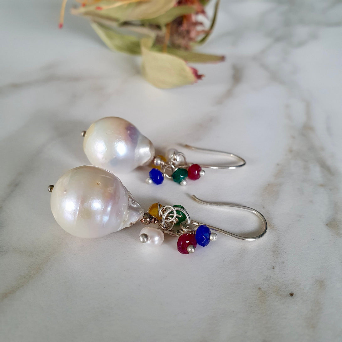 Stunning Baroque Pearl Earrings With Sapphire, Ruby And Emerald Cluster, May, June, July And September Birthstone Jewellery