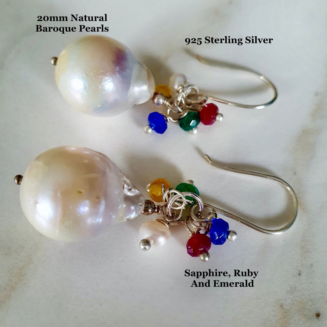 Stunning Baroque Pearl Earrings With Sapphire, Ruby And Emerald Cluster, May, June, July And September Birthstone Jewellery