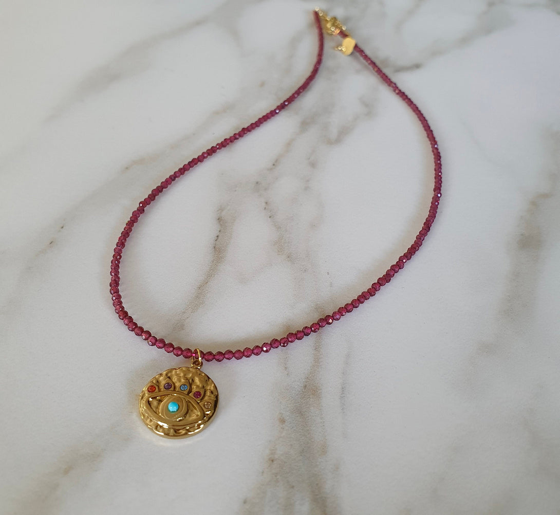 Dainty Garnet Bead Necklace With Evil Eye Pendant, Protective, January Birthstone Jewellery, Friendship Gifts