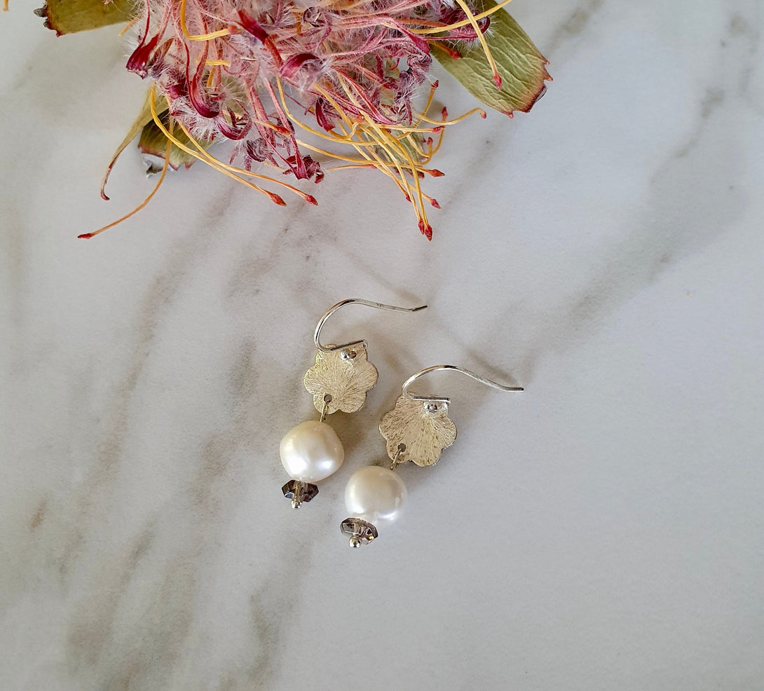 Flower, Pearl And Smoky Quartz Sterling Silver Drop Earrings, June And October Birthstone Jewellery